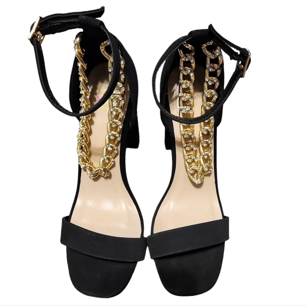 Derek Heart chunky heels black with black ankle strap & gold rhinestone strap 6